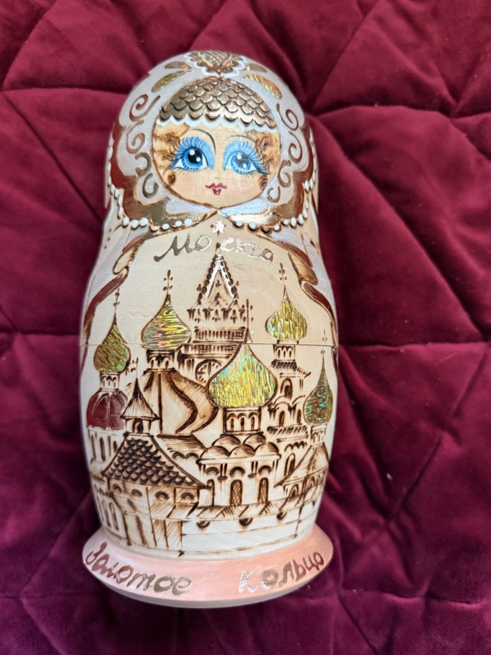 Hand-Painted Cream and Gold Russian Matryoshka Doll Home Art